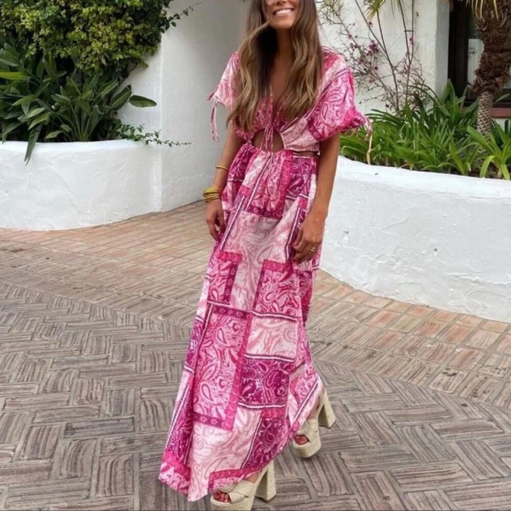 Zara Pink Paisley Patchwork Cotton Cut Out Maxi Dress Size L